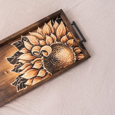 Wood Sunflower Tray Sunflowers Decor Rustic Wooden Breakfast Ottoman Serving Trays Decorative Flower Art Vanity Valet Platter